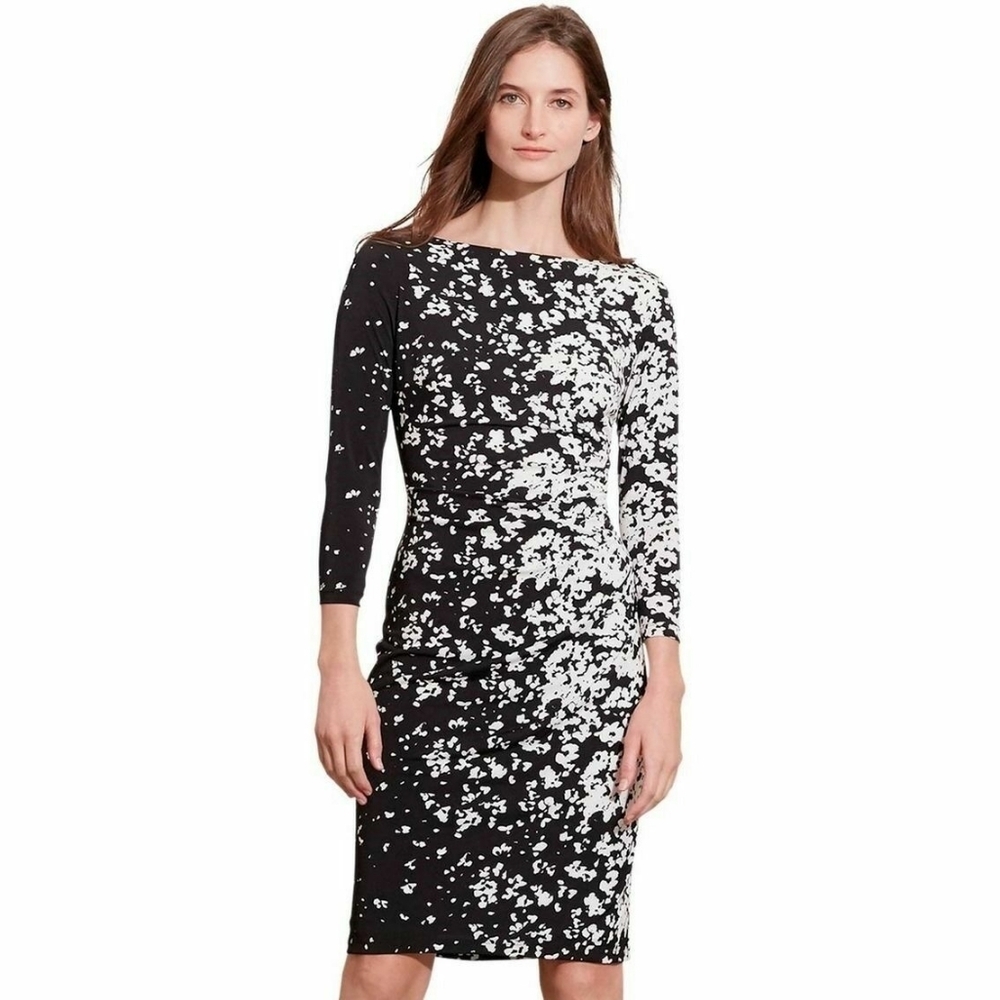 Ralph Lauren Jersey Floral Knee Length Dress Size 10 Navy 3/4 Sleeves Dressy